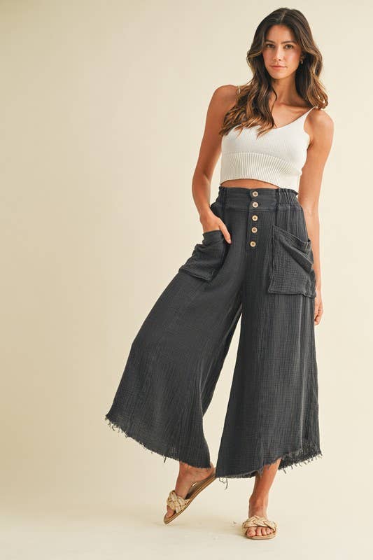 Mineral Washed Fray Hem Linen Cotton Wide Pants