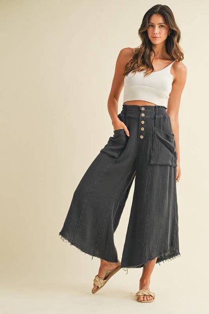 Mineral Washed Fray Hem Linen Cotton Wide Pants