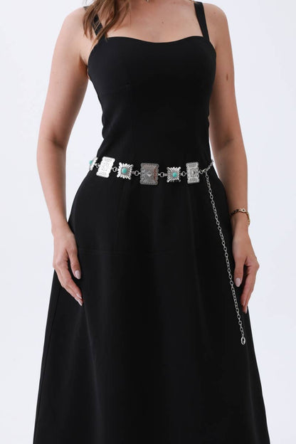 Vintage Western Geometric Belt-Square Turquoise Chain Waist