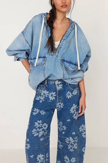 Montana Boho Western Spirit Fashion: Oversized Pullover Denim Hoodie