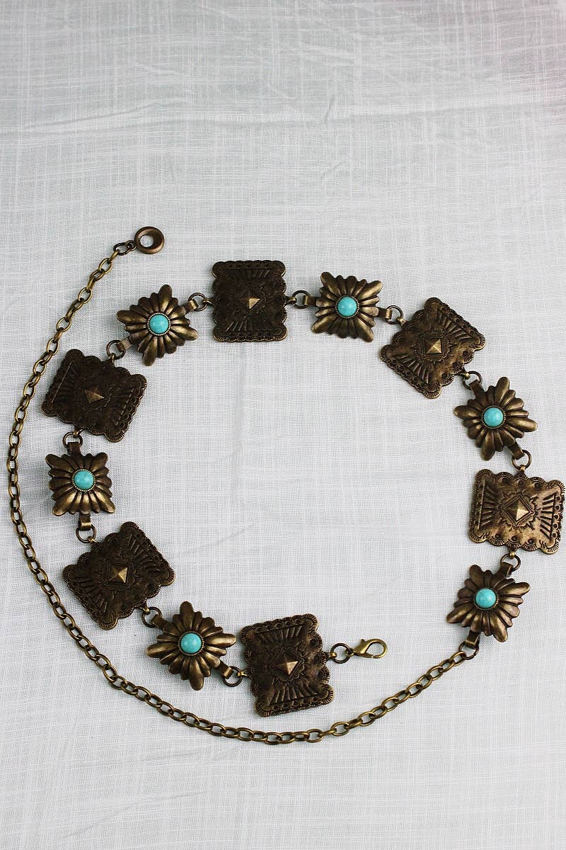 Vintage Western Geometric Belt-Square Turquoise Chain Waist
