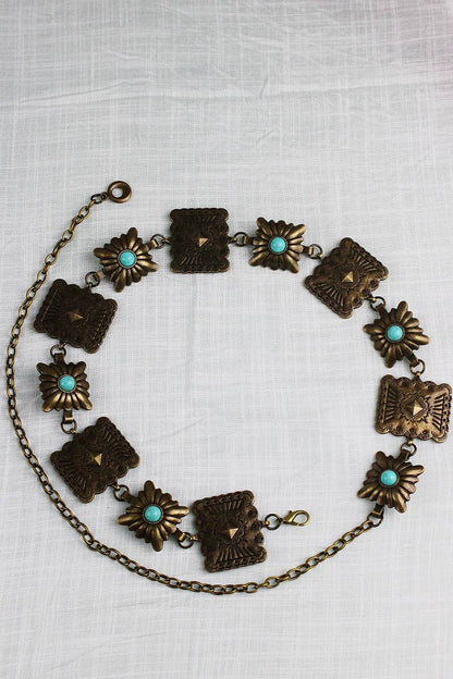 Vintage Western Geometric Belt-Square Turquoise Chain Waist