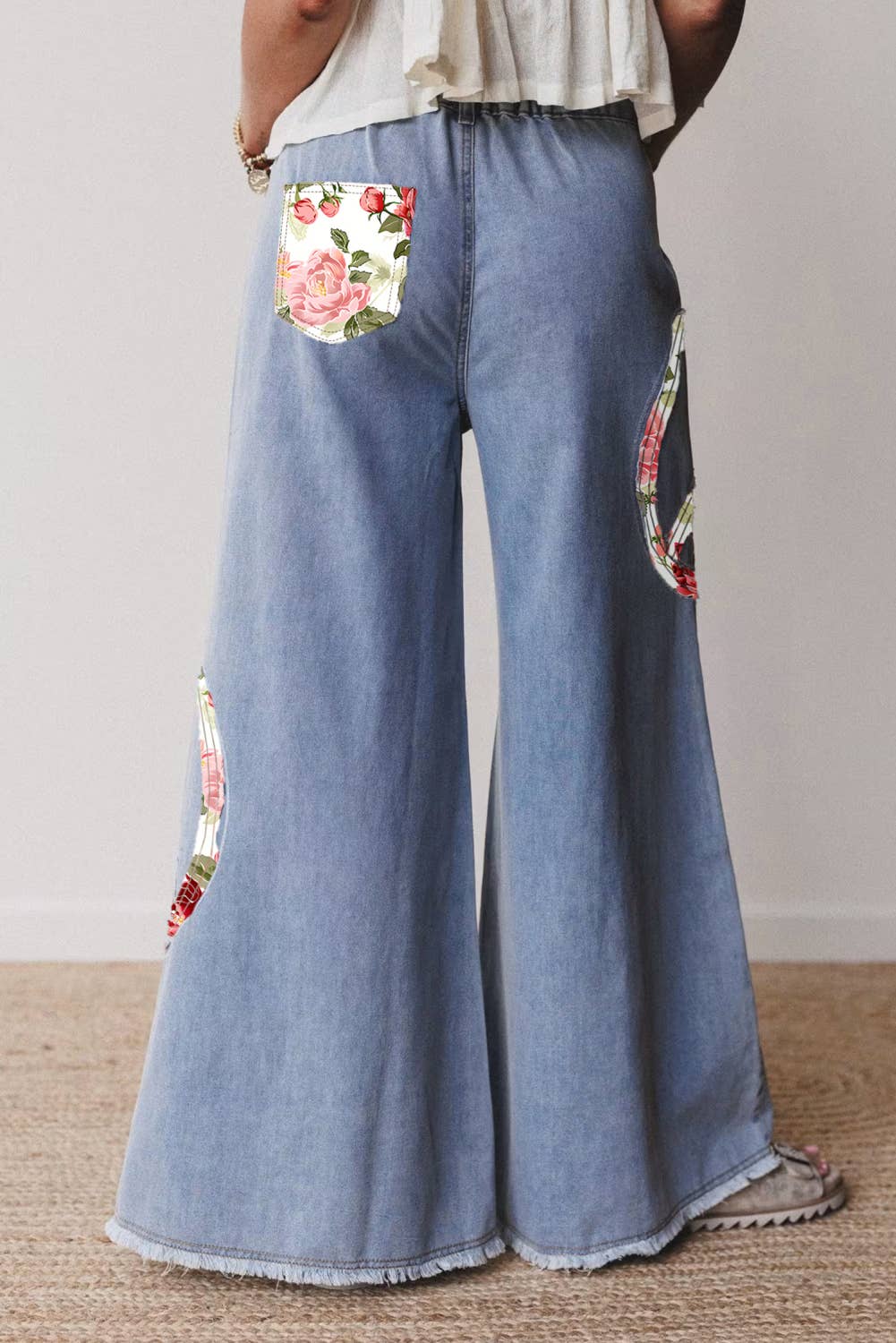 Floral Peace Sign Embroidered Patch Wide Leg Jeans: FREE SPIRIT DREAMER Series: Boho & Free-People loving styles.  