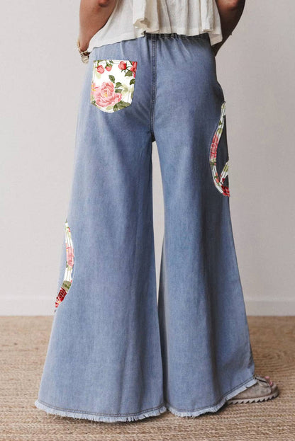 Floral Peace Sign Embroidered Patch Wide Leg Jeans: FREE SPIRIT DREAMER Series: Boho & Free-People loving styles.  
