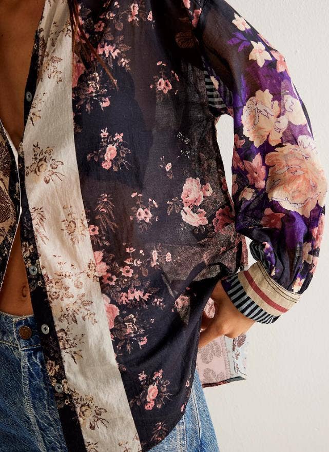 Bohemia Chic Vibe Floral (patchwork print button-up shirt)—Montana Boho Western Spirit Fashion: