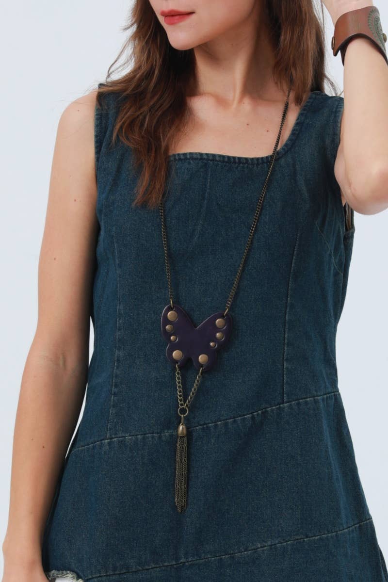 Western Butterfly Studded Leather Fringe Necklace