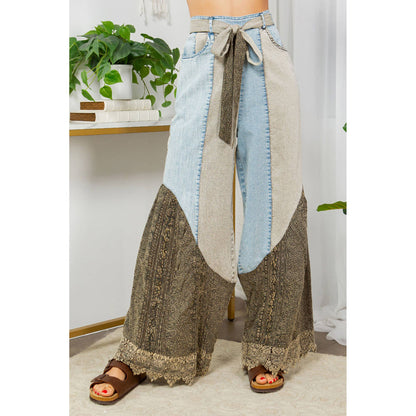 Montana Boho Mixed-Media Lace Hem Tie-Waist Flare Pants