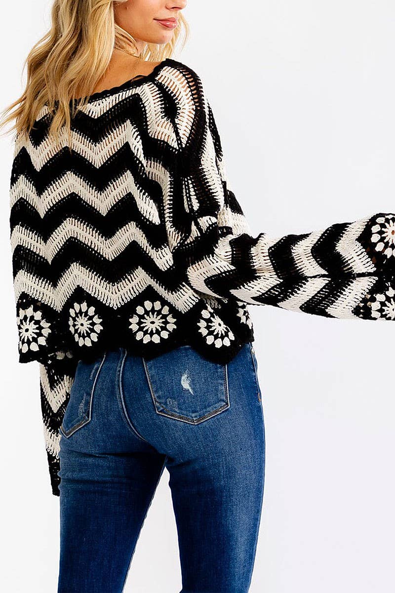 Montana Boho Western Spirit Fashion: LONG BELL SLEEVE COLORBLOCK CROCHET PULLOVER TOP (2)