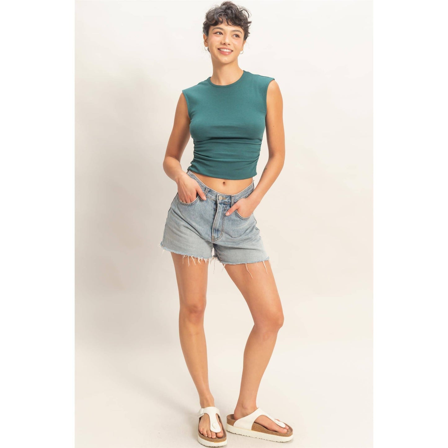 Ruched Waist Cap Sleeve Top
