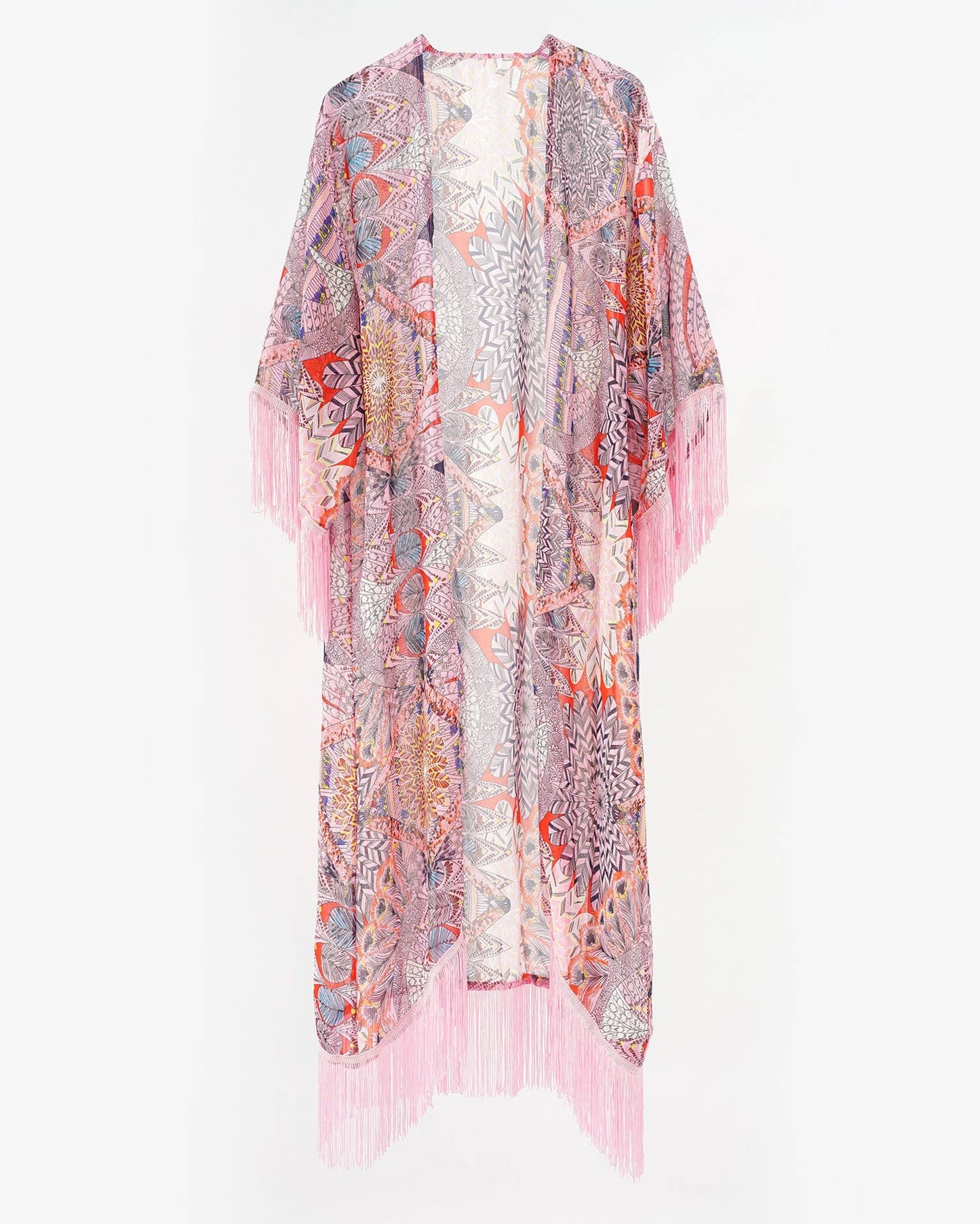 Bohemian Multicolor Print Fringe Kimono Cover-Up