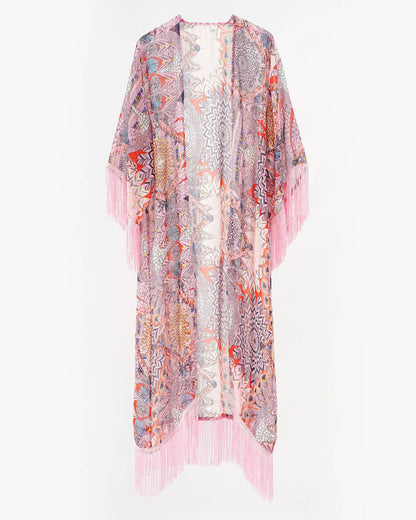 Bohemian Multicolor Print Fringe Kimono Cover-Up