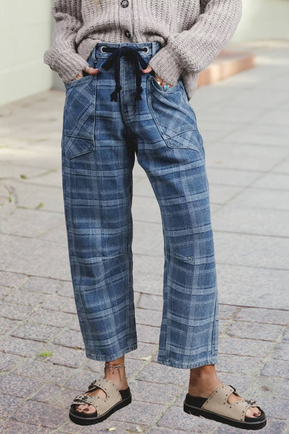 Plaid Print Drawstring Waist Wide Leg Denim Pants