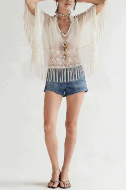 Montana Boho Western Spirit Fashion: Fringe-Trim Floral Blouse