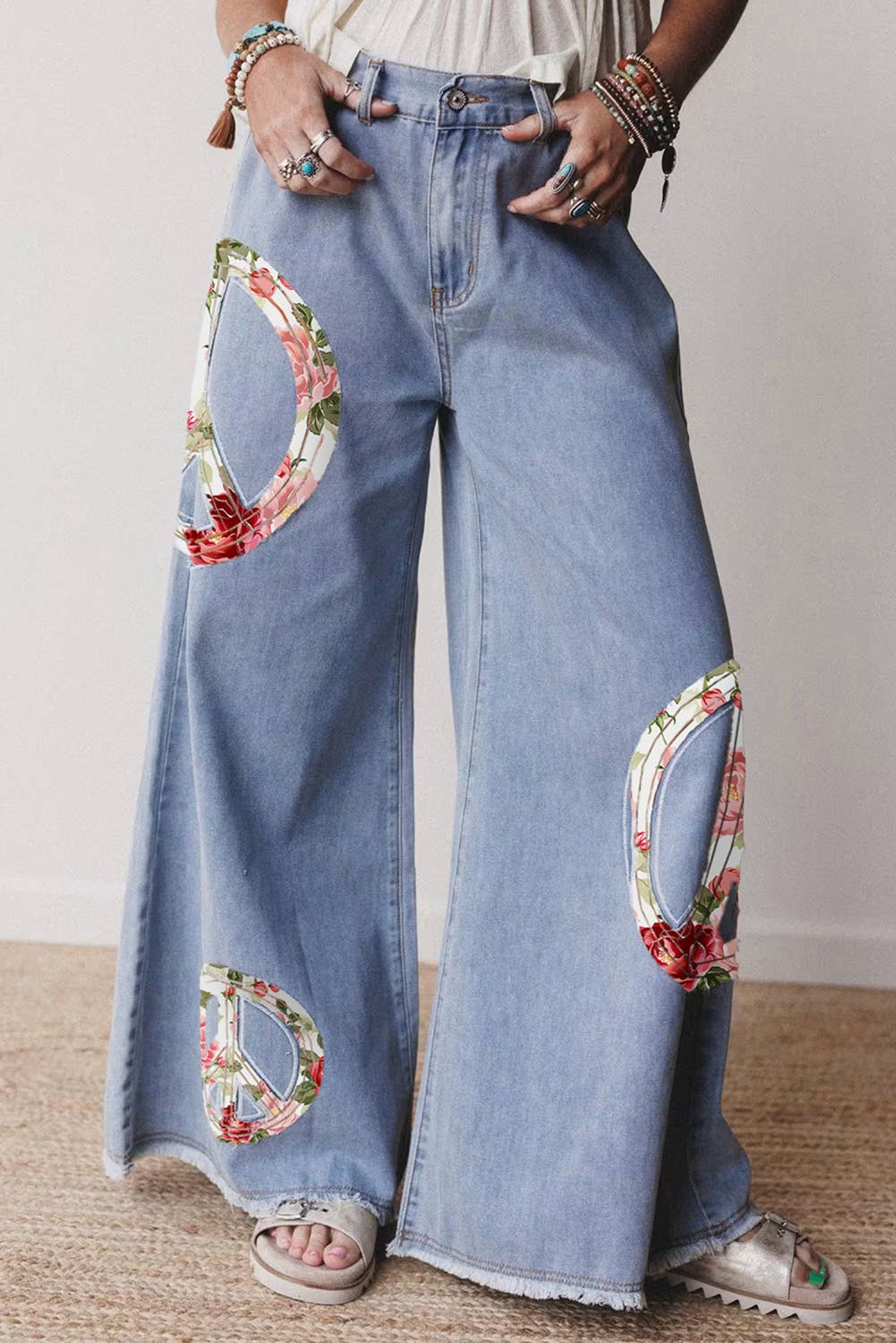 Floral Peace Sign Embroidered Patch Wide Leg Jeans: FREE SPIRIT DREAMER Series: Boho & Free-People loving styles.  