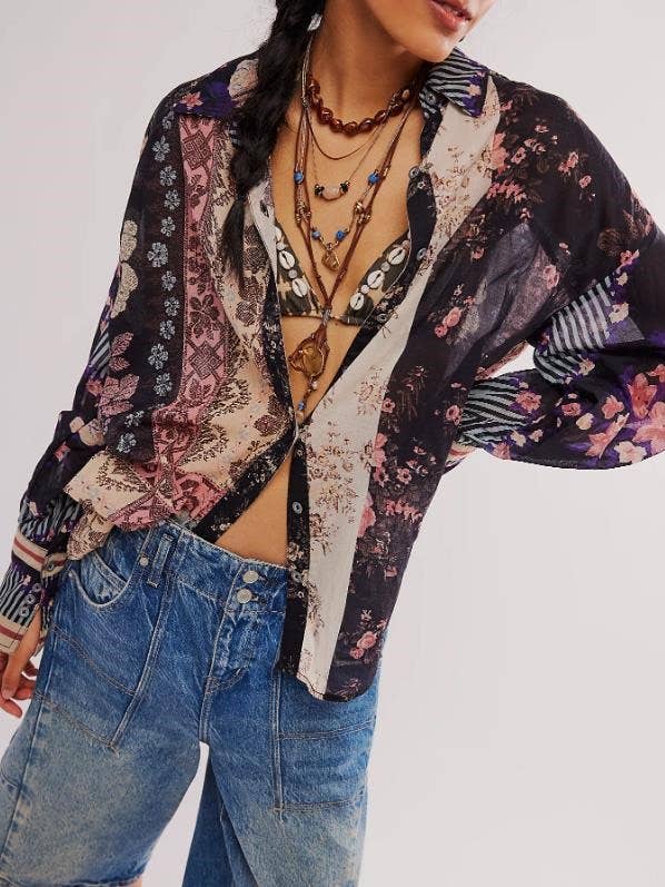 Bohemia Chic Vibe Floral (patchwork print button-up shirt)—Montana Boho Western Spirit Fashion: