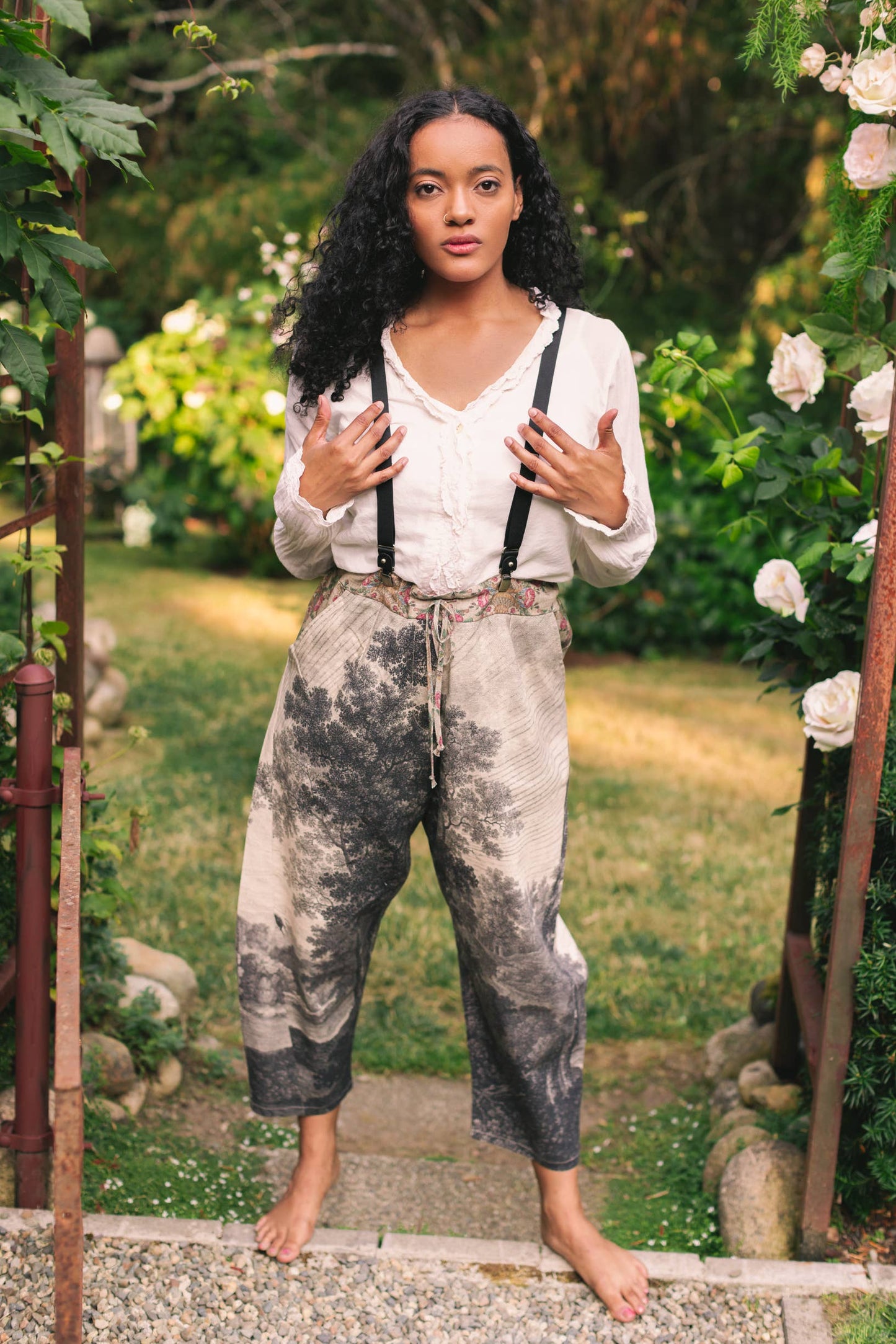 "Still I Rise"  Linen Cropped Artist Pant w/ Sunrise, Woman— FREE SPIRIT DREAMER Series: Boho & Free-People loving styles.