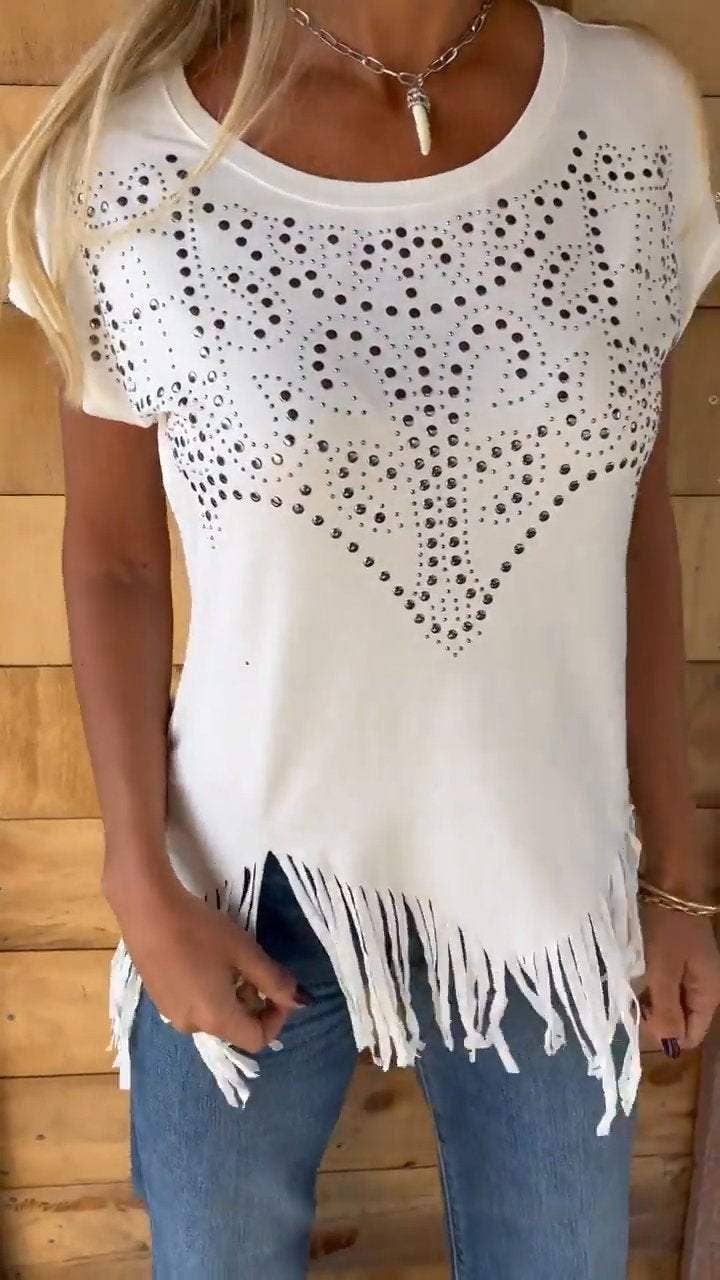 Western Studded Rustic Asymmetry Fringe Print Tee (Studded Boot-Print Design)