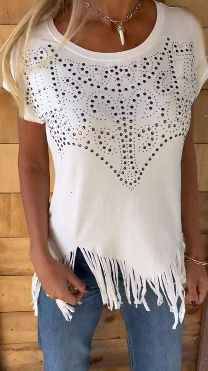 Western Studded Rustic Asymmetry Fringe Print Tee (Studded Boot-Print Design)