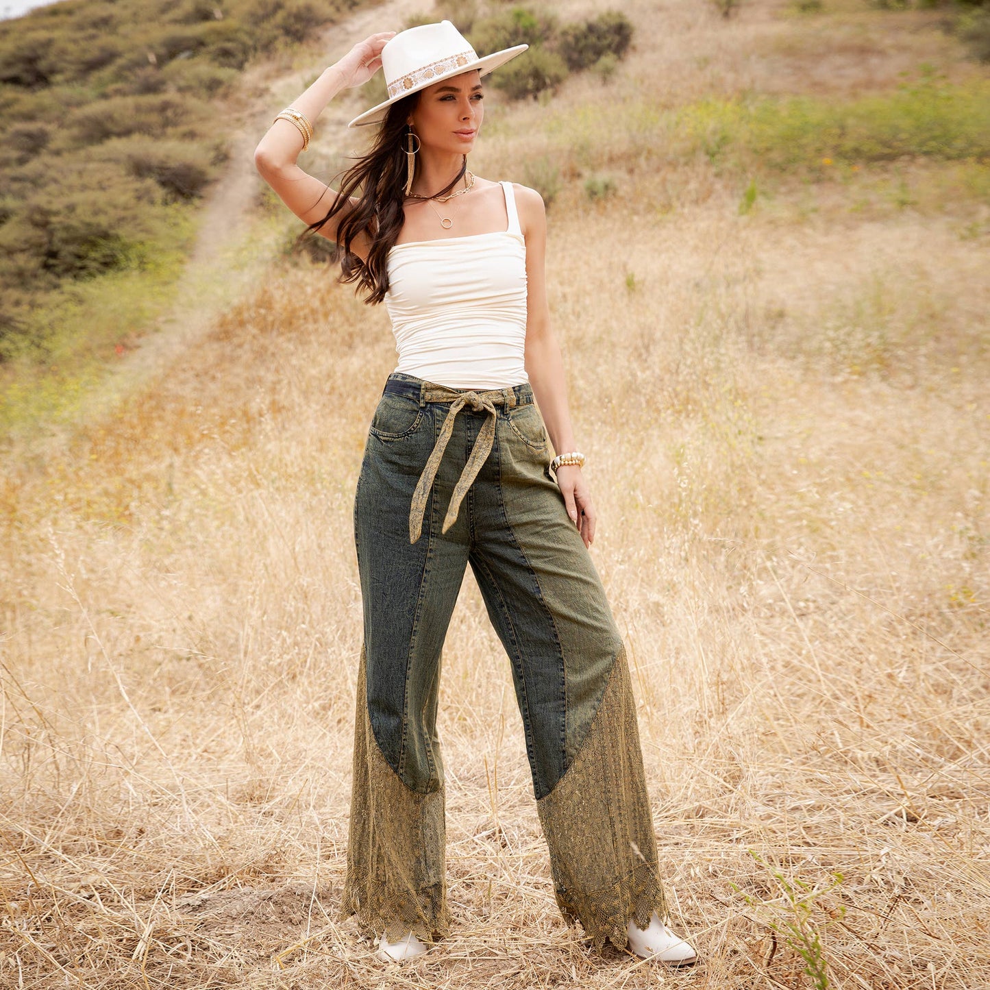 Montana Boho Mixed-Media Lace Hem Tie-Waist Flare Pants