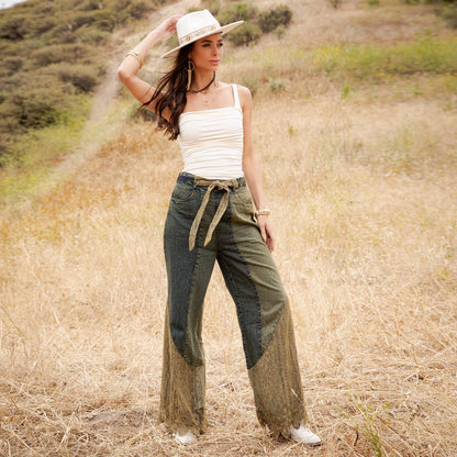 Montana Boho Mixed-Media Lace Hem Tie-Waist Flare Pants