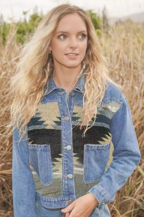 Denim Jacket with contrast fabric Aztec Print