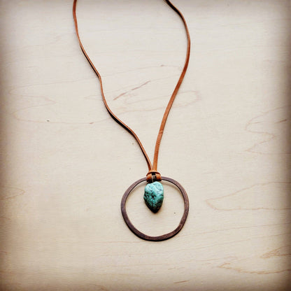 Leather Cord Necklace Antique Gold Hoop & Natural Turquoise—Montana Boho Western Spirit Jewelry