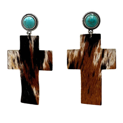Montana Boho/Western Spirit Jewerly: Cross Shape Leather Cowhide with Turquoise Earrings