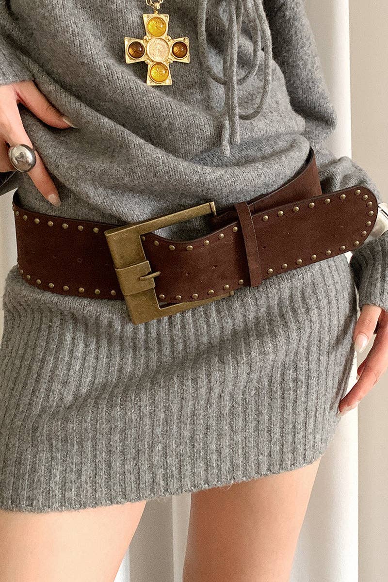 Wide Buckle Studded Belt