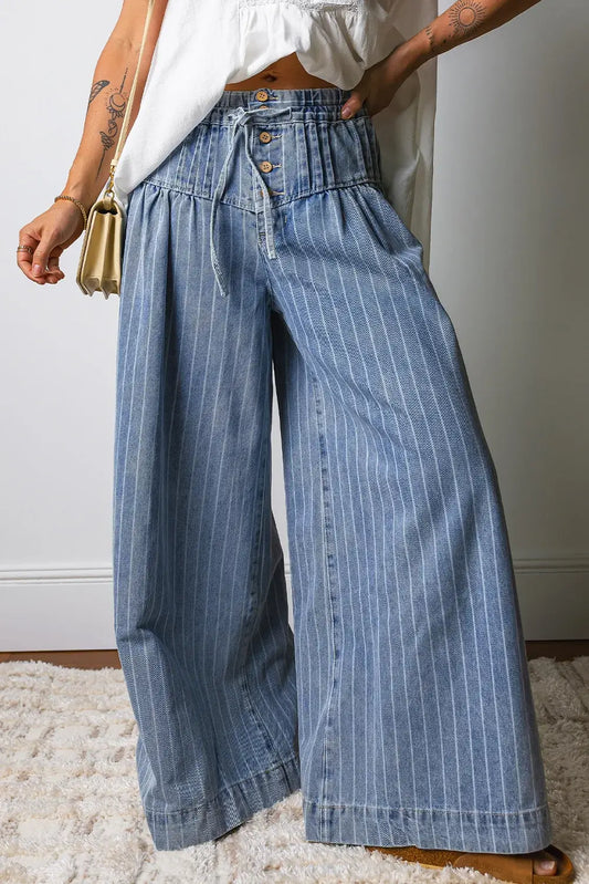 FREE SPIRIT DREAMER Series: Stripe Button Pleated Drawstring Waist Casual Wide Leg Jeans