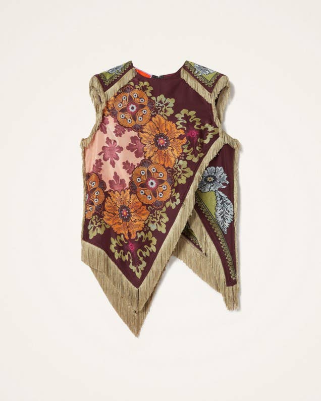 Boho Floral Print Asymmetric Tassel Trim Scarf Top
