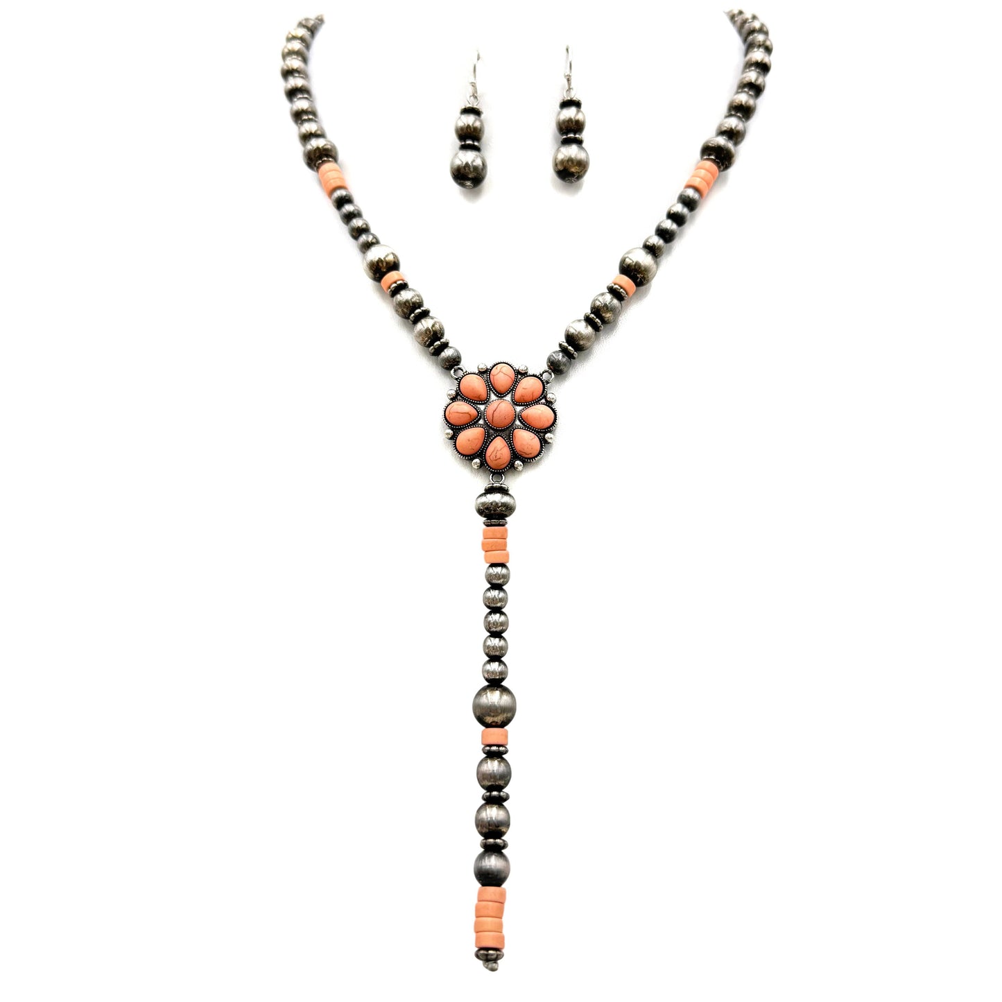 Montana Boho/Western Spirit Jewerly :Flower Navajo Style Tie Necklace Earrings Set