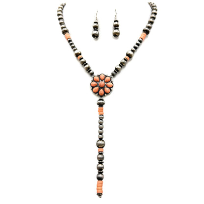Montana Boho/Western Spirit Jewerly :Flower Navajo Style Tie Necklace Earrings Set