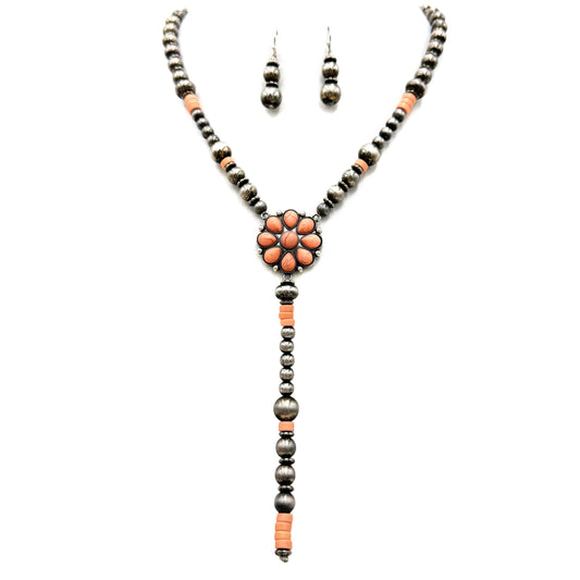Montana Boho/Western Spirit Jewerly :Flower Navajo Style Tie Necklace Earrings Set