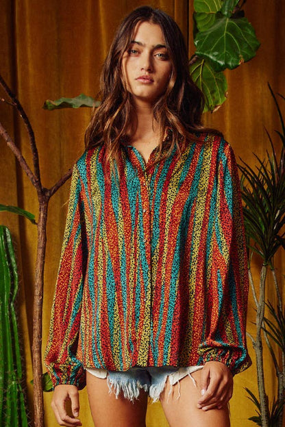 Montana Boho Western Spirit Fashion: Multi Color Long Sleeve Shirt Blouse