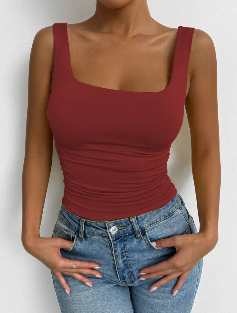 Everyday Basic Versatile Square neck stretchy tank top (Ruched sides; Very Slimming)