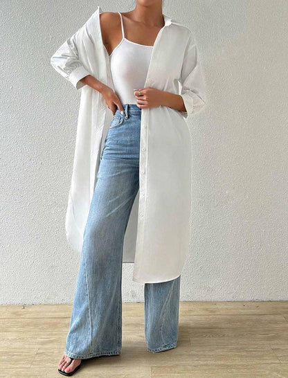 Be A Show-Stopper—Simply IRRESISTIBLE:Solid Mid-Sleeve Long Cardigan Shirt