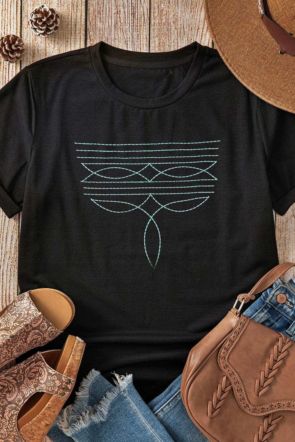 Montana Boho/Western Essentials: Black Western Fashion Boot Stitch T Shirt