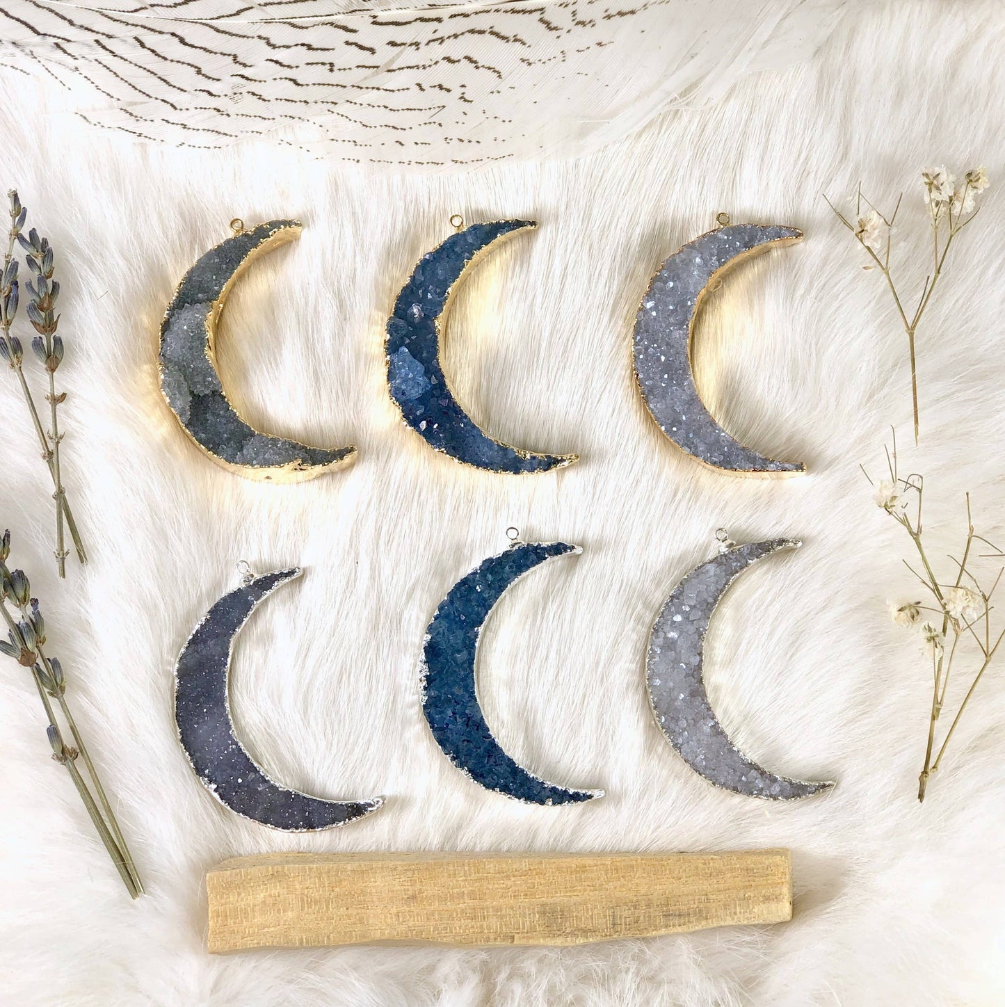 Druzy Moon Pendants with Electroplated 24k Gold/Silver Edge