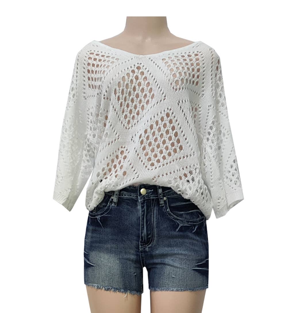 Bohemian Hollow Batwing Sleeve Crochet Poncho Top