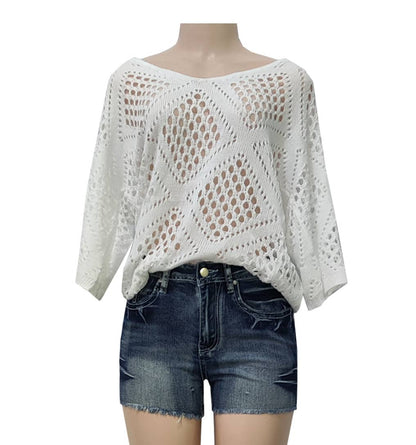 Bohemian Hollow Batwing Sleeve Crochet Poncho Top