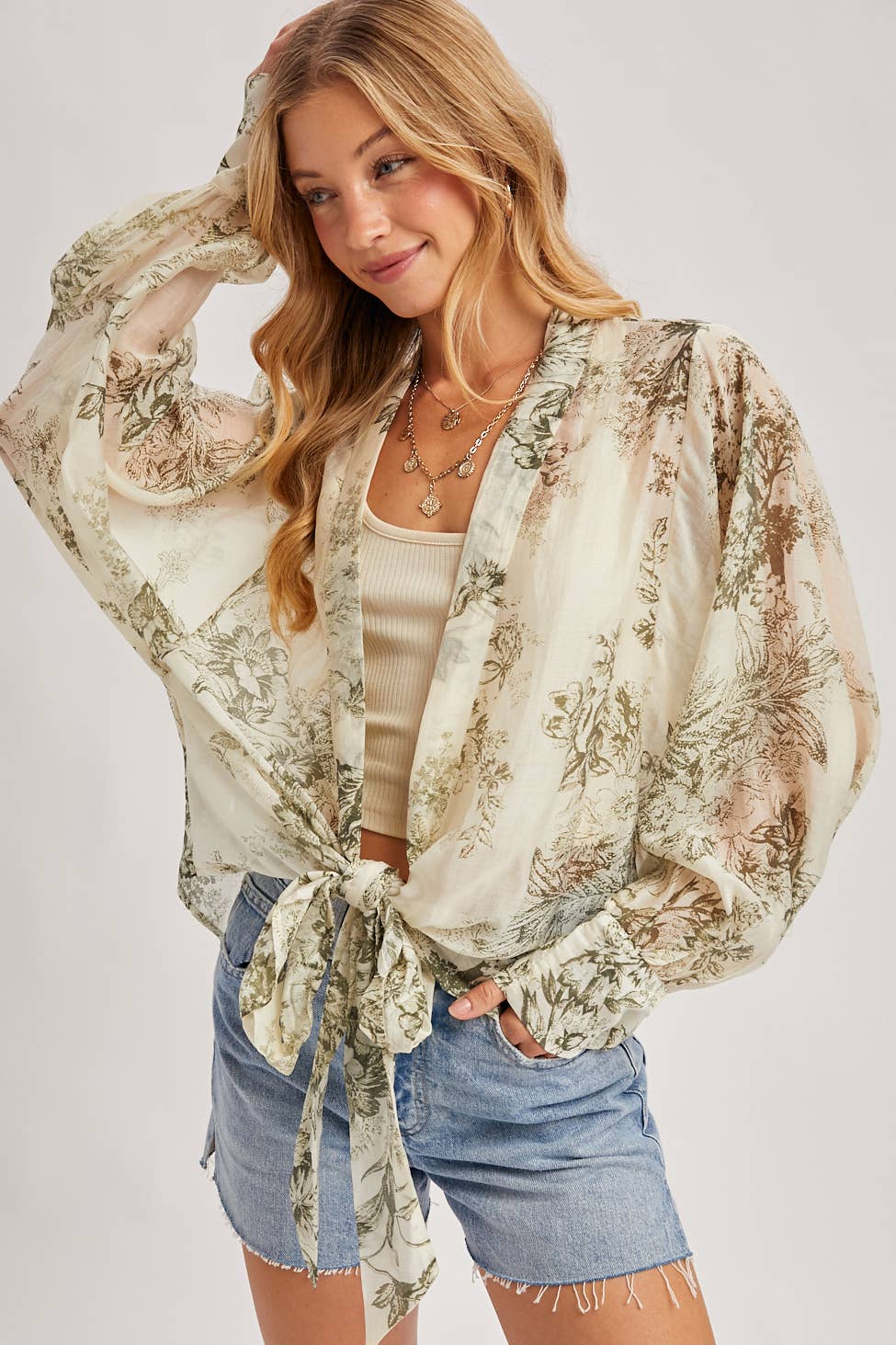 FREE SPIRIT DREAMER Series: BOTANICAL PRINT TIED FRONT BALLOON SLEEVED KIMONO