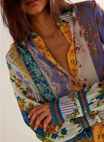 Bohemia Chic Vibe Floral (patchwork print button-up shirt)—Montana Boho Western Spirit Fashion: