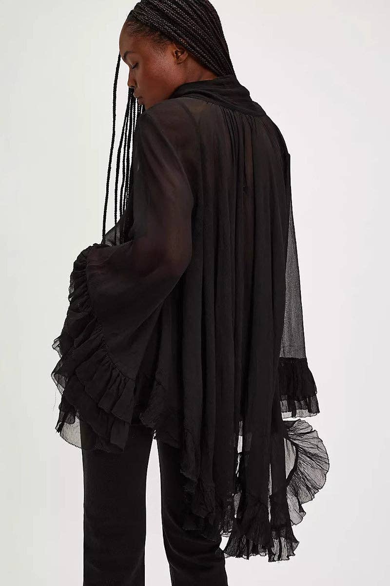 Tie-Neck Sheer Blouse with Ruffled Details