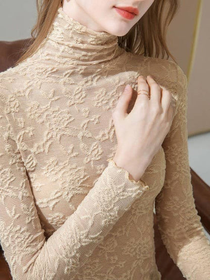 Montana Boho/Western Essentials: Sheer Mesh Floral Textured Lace Turtleneck Top