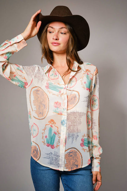 Montana Boho Western Spirit: Western Print Chiffon Shirt