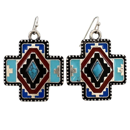 Montana Boho/Western Spirit Jewelry: Aztec Navajo Colored Square Cross Earrings