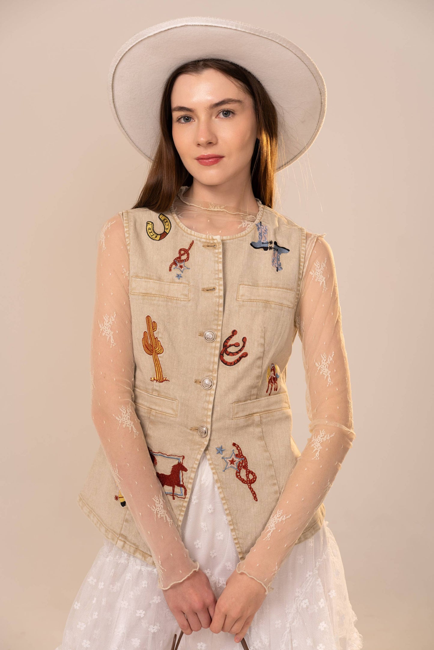 Simply Irresistible, Be the showstopper: Motif Embroidery Fitted Denim Vest