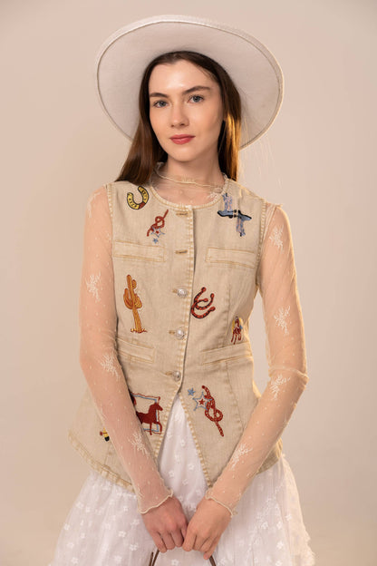 Simply Irresistible, Be the showstopper: Motif Embroidery Fitted Denim Vest
