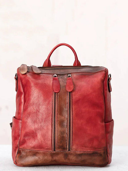 Casual Travel Color Matching Leather Backpack BROWN