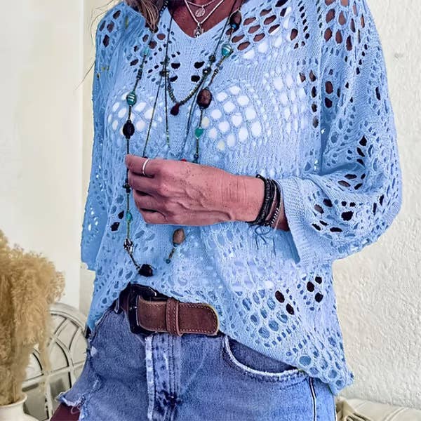 Bohemian Hollow Batwing Sleeve Crochet Poncho Top